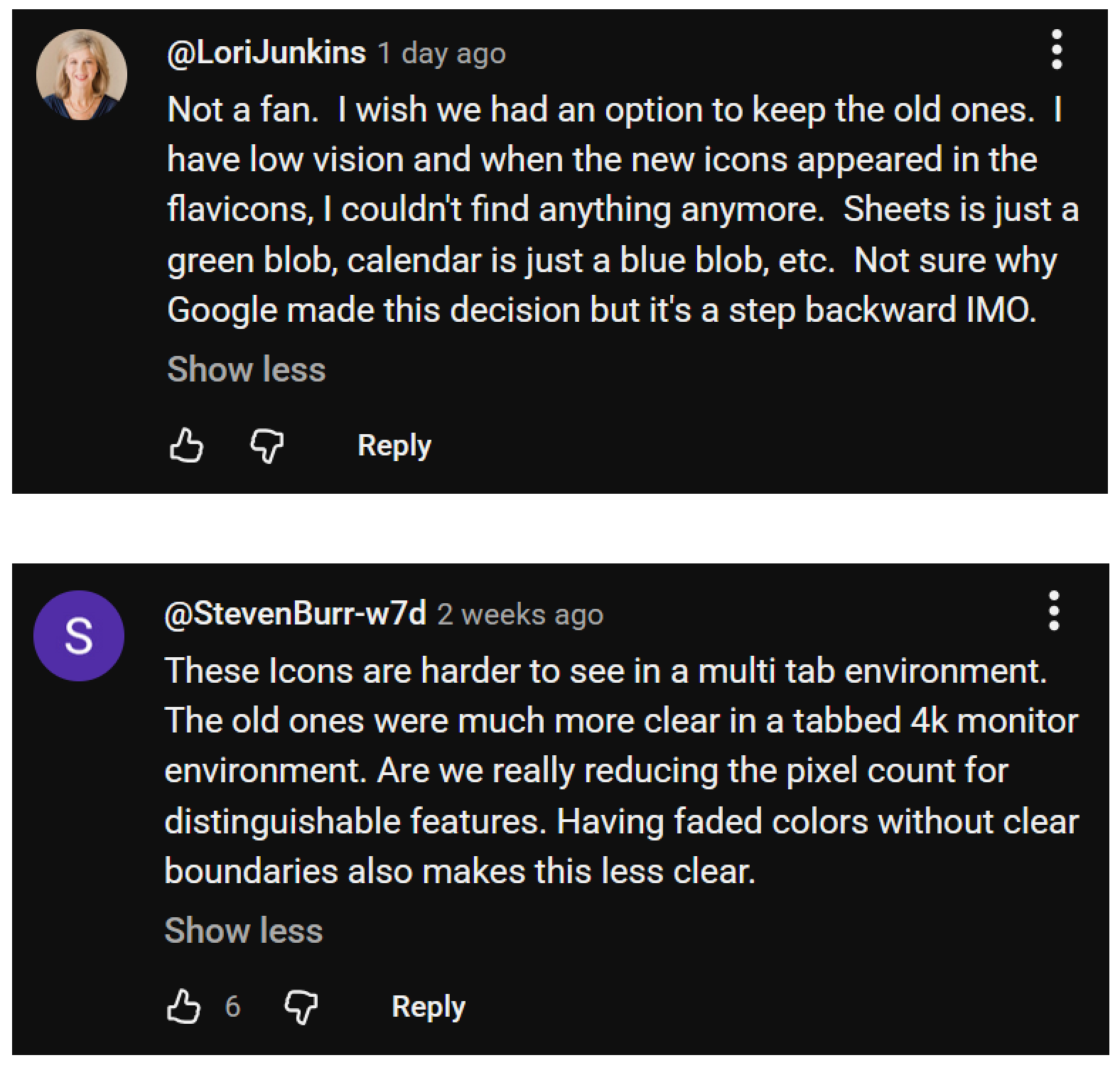 YouTube comments criticizing the new Google icons.