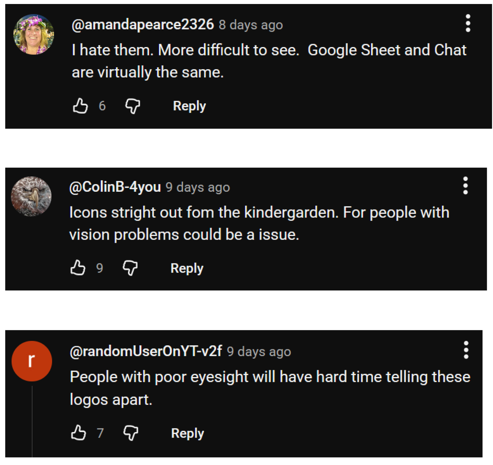 YouTube comments criticizing the new Google icons.