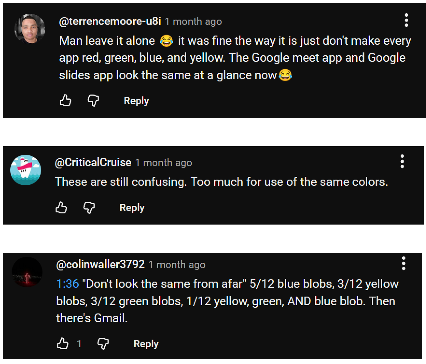 YouTube comments criticizing the new Google icons.