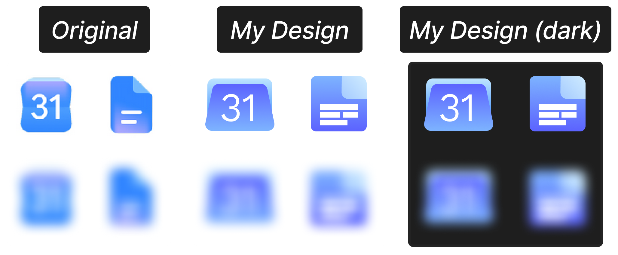 Redesigned Calendar and Docs icons shown alongside a blurred version, demonstrating that the two remain visually distinct even under degraded vision.