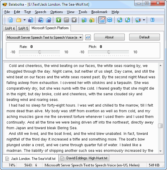 The Balabolka window. A toolbar and a voice menu with rate and pitch sliders sit above a large text area showing a passage from a novel.