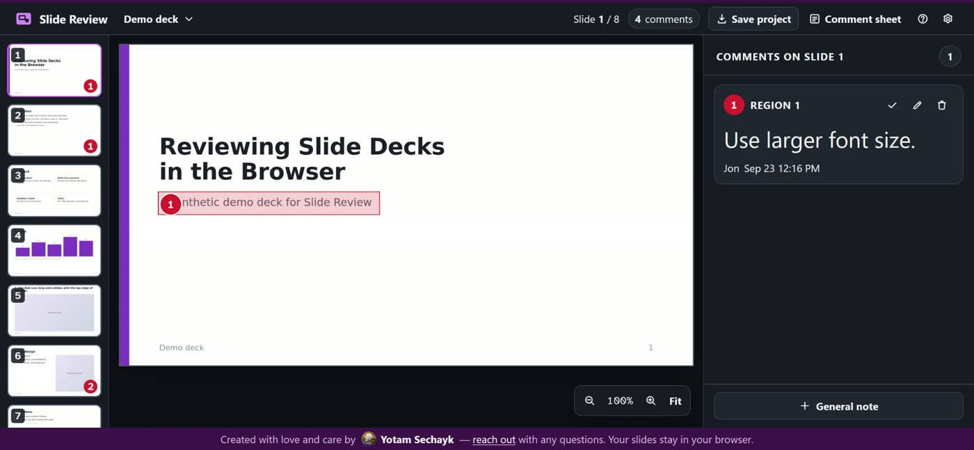 SlideNotes in dark mode. A slide fills the center with a numbered red region drawn over its subtitle. A filmstrip of slides with comment counts runs down the left, and the comment 'Use larger font size.' appears in a panel on the right.