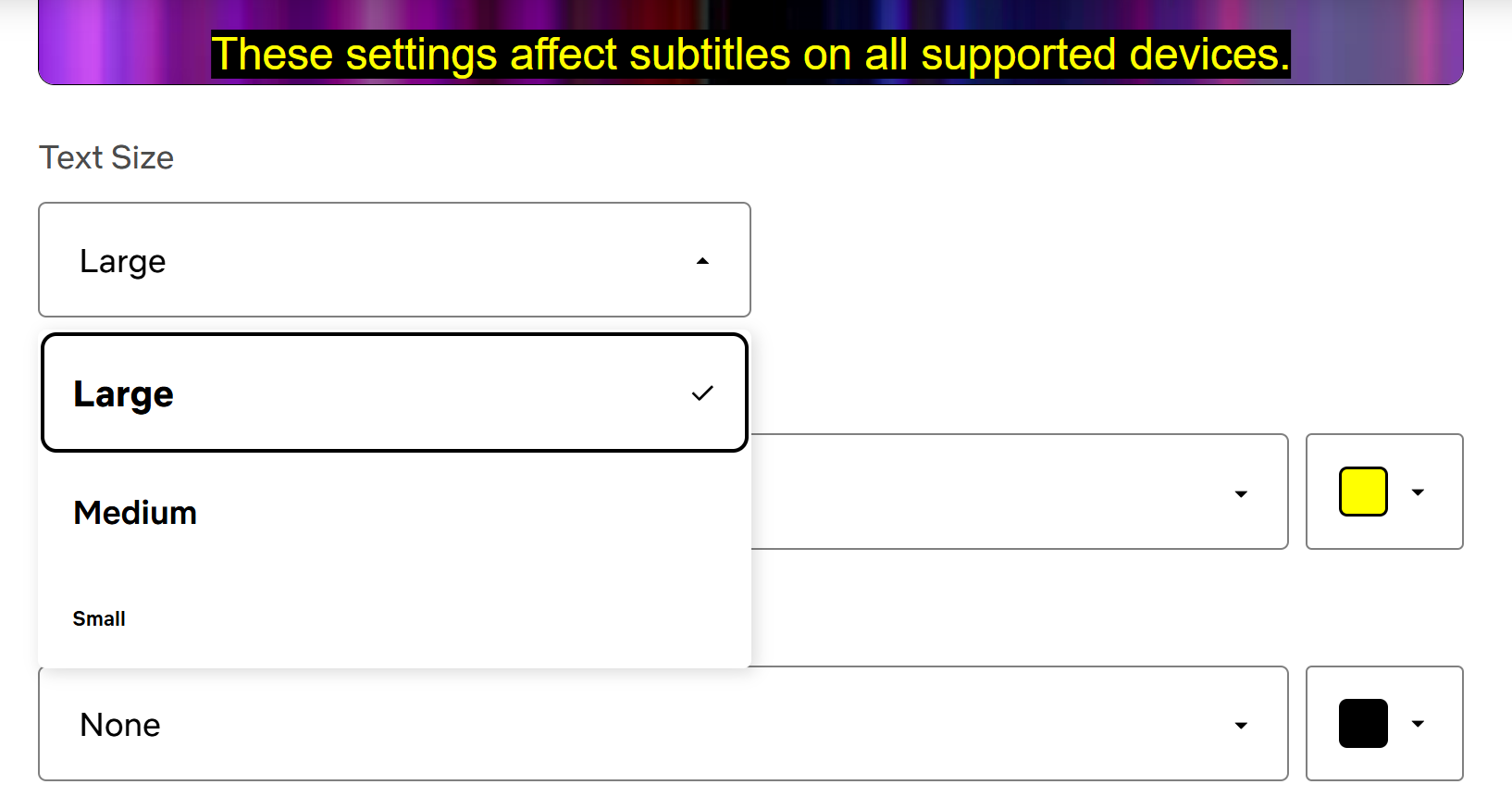 Netflix subtitle settings showing only three text size options: Large, Medium, and Small. No intermediate sizes available.