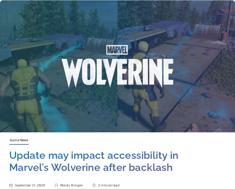 The header of a Can I Play That? article. Two side-by-side in-game shots show Wolverine walking along wooden rooftops while a glowing blue scent trail leads ahead of him. The trail looks more vivid in the left shot than in the right. Below them is the headline: Update may impact accessibility in Marvel's Wolverine after backlash, dated September 21, 2026, by Marijn Rongen.