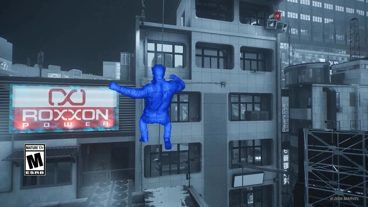 Wolverine climbing the side of a building at night in High Contrast mode. He is rendered as a solid bright blue shape, the city around him is drained to greys, and a red sign on the wall stands out with a glowing outline.