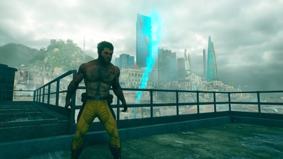 Wolverine stands on a city rooftop at dusk. Behind him, a bright glowing cyan trail twists up into the sky, leading toward the skyline.