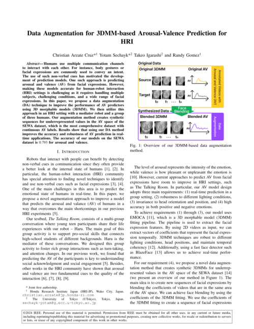 First page of the paper on data augmentation for 3DMM-based arousal-valence prediction, showing the title, authors, abstract, and a figure comparing original and augmented 3D face model data.