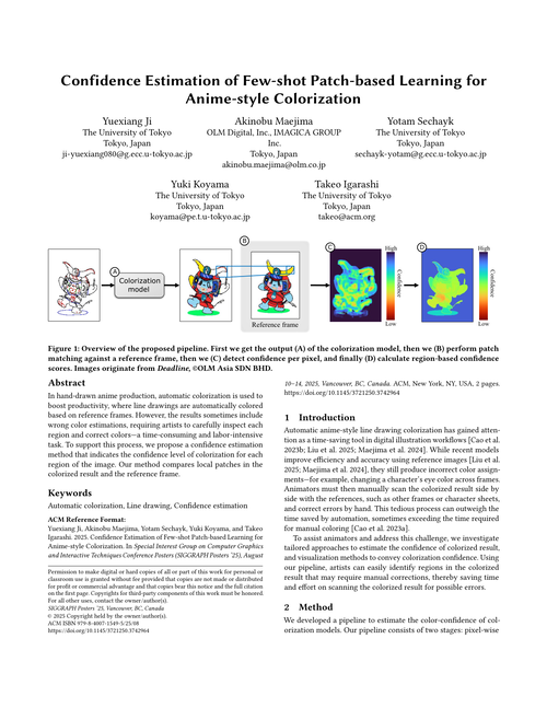 First page of the confidence estimation paper for anime-style colorization, showing the title, authors, abstract, and a figure of colorized anime frames with per-region confidence maps.