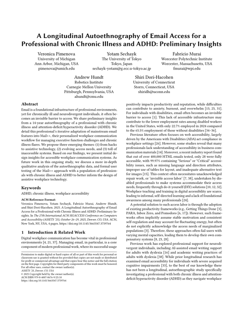 First page of the longitudinal autoethnography paper on email access for a professional with chronic illness and ADHD, showing the title, authors, and abstract.