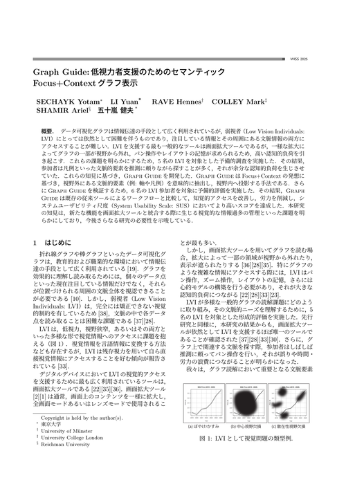 First page of the Graph Guide paper, written in Japanese, showing the title, authors, abstract, and scatter plot figures illustrating semantic Focus+Context chart display for low-vision readers.