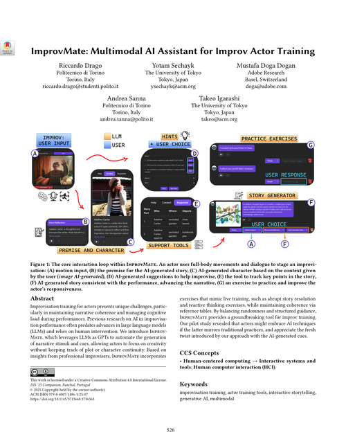 First page of the ImprovMate paper, showing the title, authors, abstract, and a teaser figure of the ImprovMate interface generating narrative stimuli and cues for improv actor training.