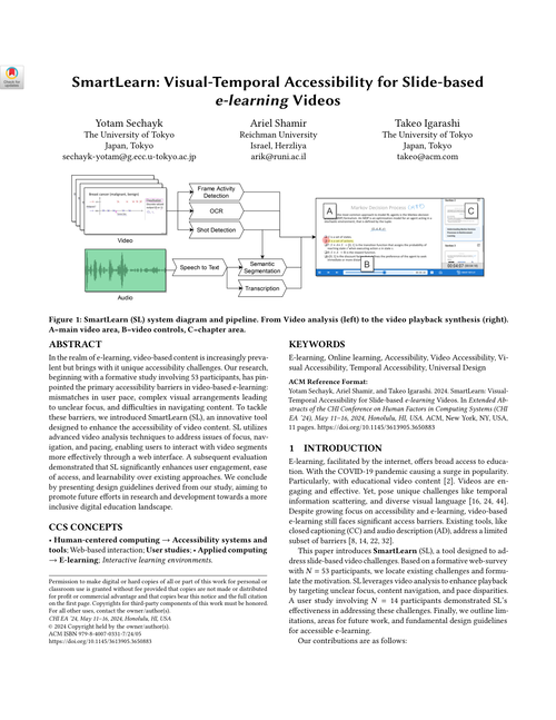 First page of the SmartLearn paper, showing the title, authors, abstract, and a teaser figure of the SmartLearn system pipeline and video interface for slide-based e-learning videos.