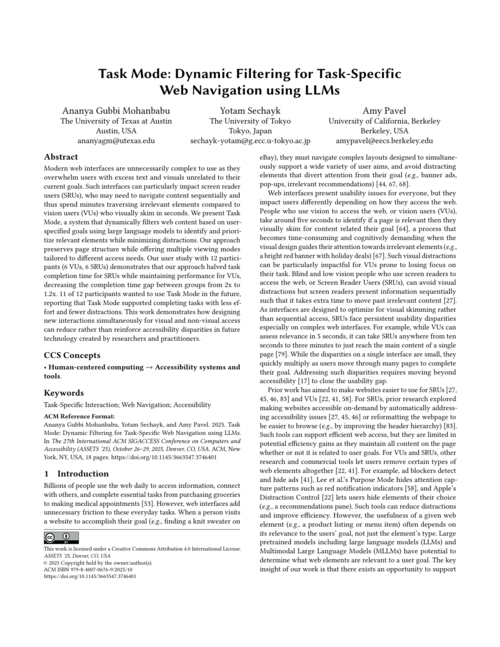 First page of the Task Mode paper, showing the title, authors, abstract, and a teaser figure of web pages dynamically filtered down to task-relevant content.