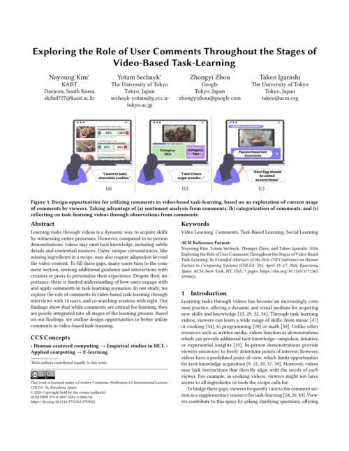 First page of the paper on the role of user comments in video-based task-learning, showing the title, authors, abstract, and a teaser figure of learners consulting video comments across the stages of learning a task.