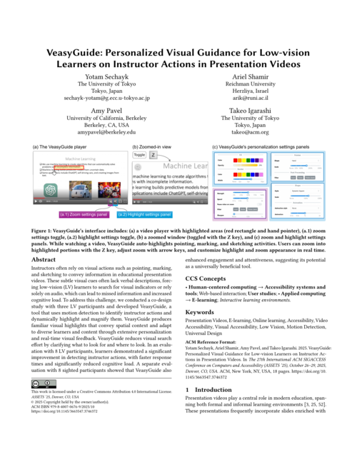 First page of the VeasyGuide paper, showing the title, authors, and a teaser figure of the VeasyGuide video player with highlighted instructor actions and its personalization settings panels.